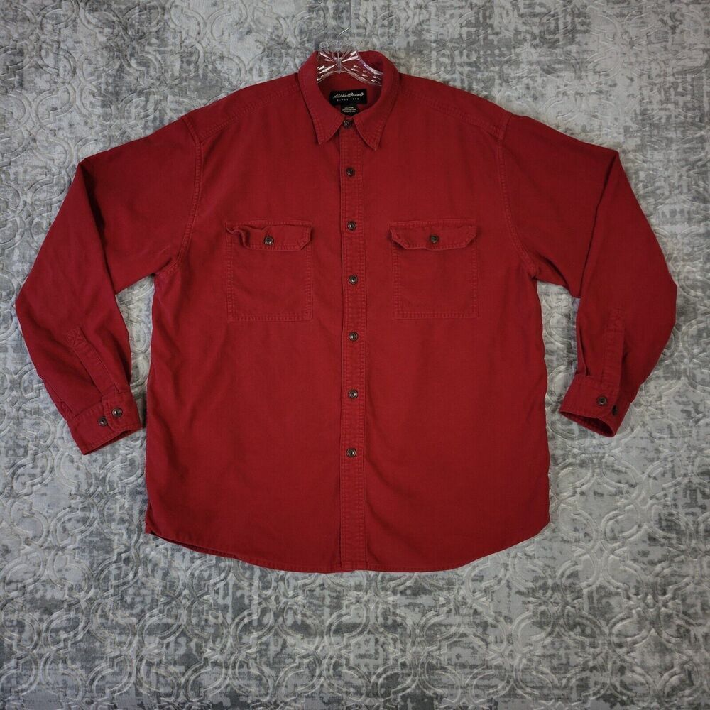 Vintage Eddie Bauer Shirt Men's Large Red Solid Chamois Flannel Button Casual